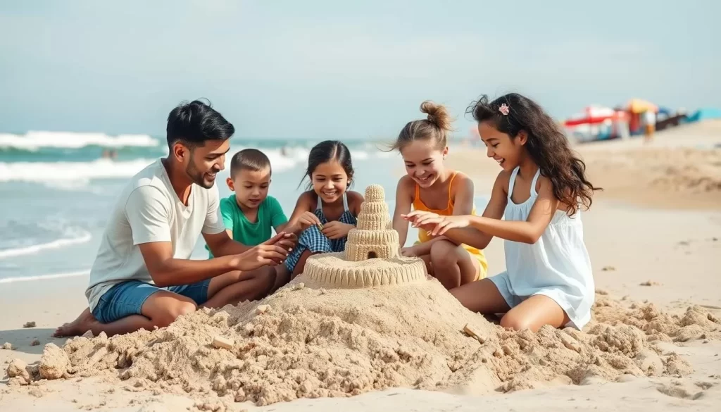 Image of a family building sandcastles on the beach