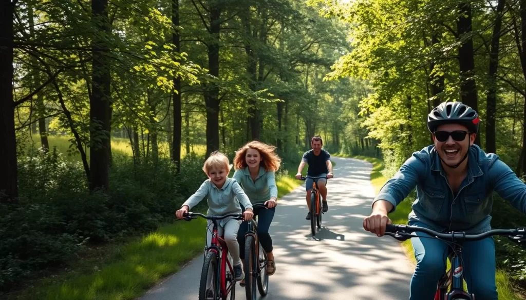 Image of a family cycling through the trees in Hoge Kempen National Park