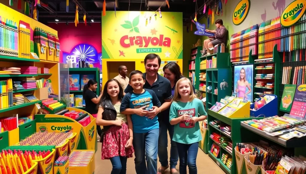 Image of a family enjoying the Crayola Experience in Easton, with colorful crayons and art supplies surrounding them.