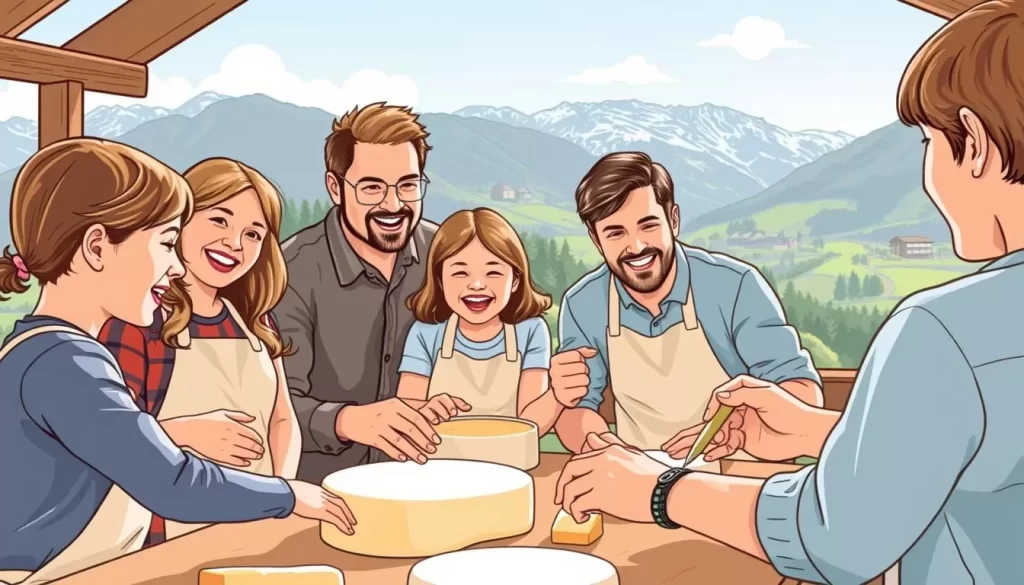 Image of a family participating in a cheese-making activity at ErlebnisSennerei Zillertal
