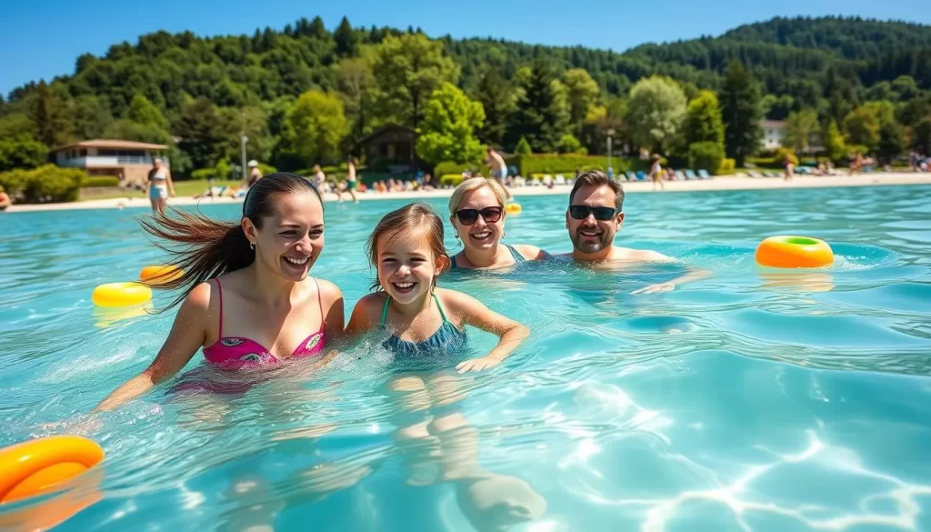 Image of a family swimming at a beach in Velden am Worthersee