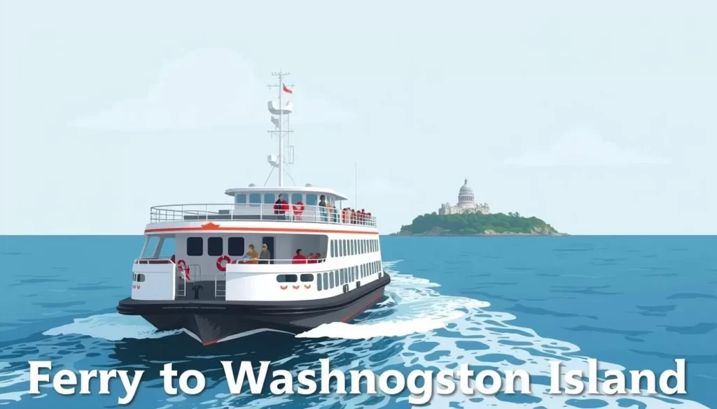 Image of a ferry approaching Washington Island with the caption "Ferry to Washington Island"