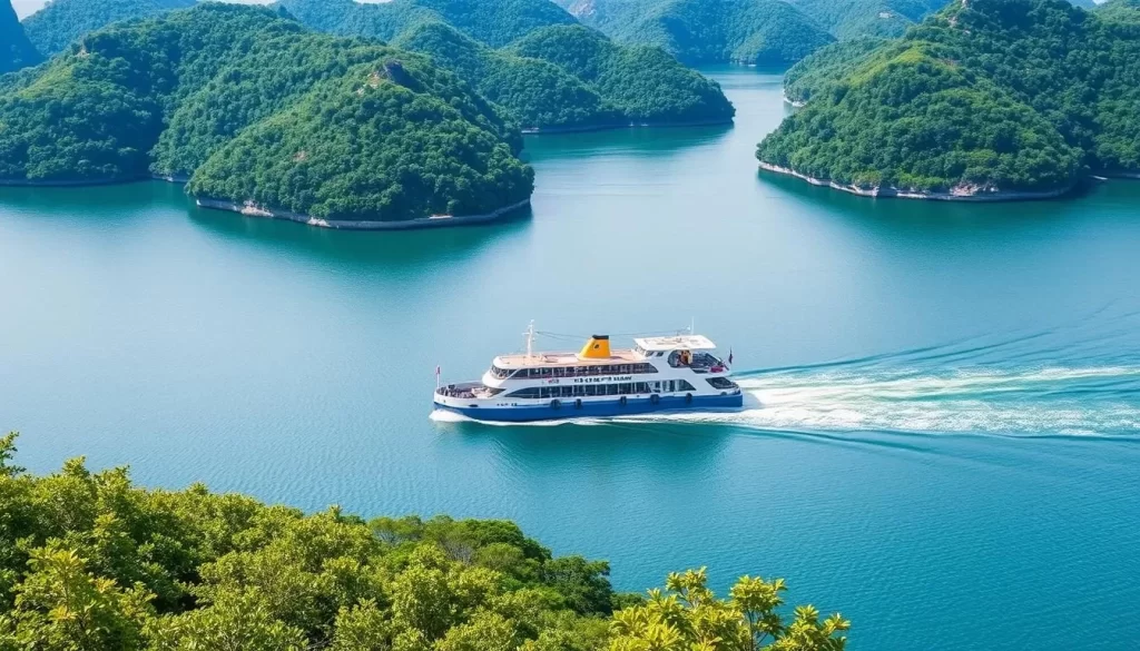 Image of a ferry navigating through the islands of South Jeolla Province