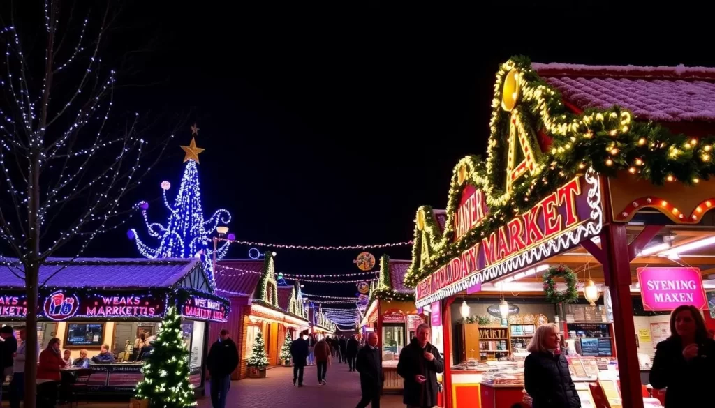 Image of a festive winter market in Pennsylvania with holiday decorations and lights.