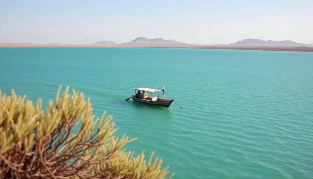 Image of a fishing boat on Lake Turkana with a backdrop of the lake's jade waters and surrounding landscape.