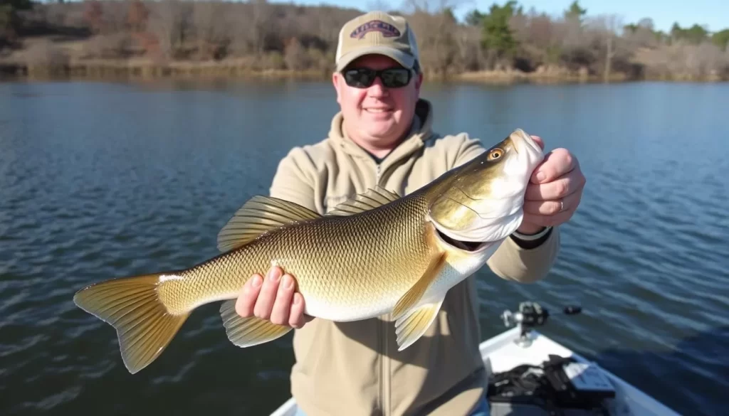 Image of a fishing guide with a client on Pickwick Lake, with a catch of the day.