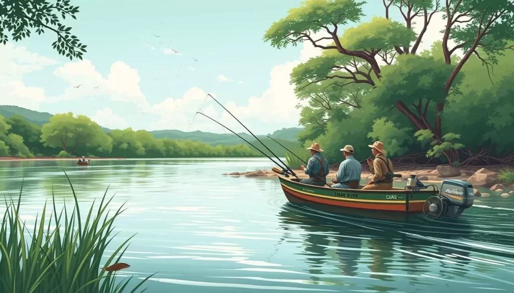 Image of a fishing safari on the Tana River, with anglers waiting for a catch amidst serene riverine scenery.