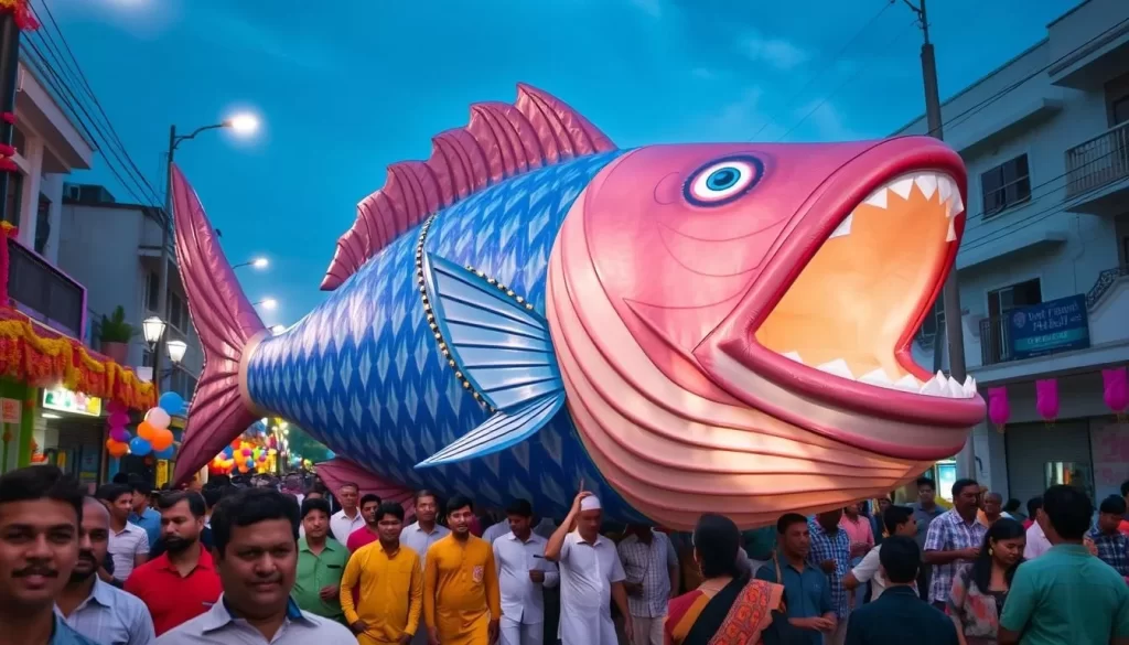 Image of a giant fish effigy being paraded through the streets of Malé during Bodu Eid