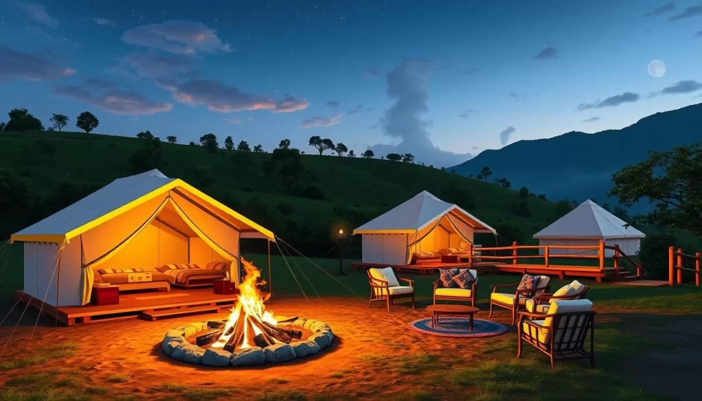Image of a glamping site near Mussoorie with luxury tents and a bonfire