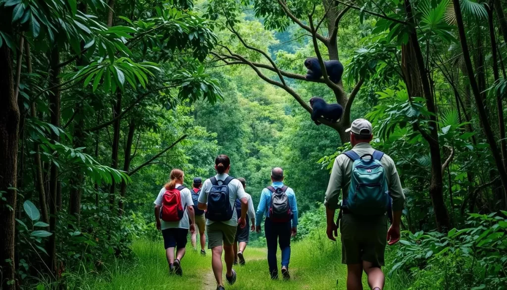 Image of a group trekking through the forest with guides, approaching a group of chimpanzees in a tree.
