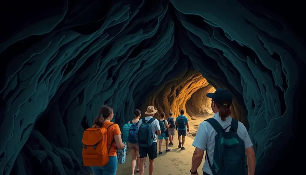 Image of a guide leading tourists through a narrow cave passage in Taman Negara