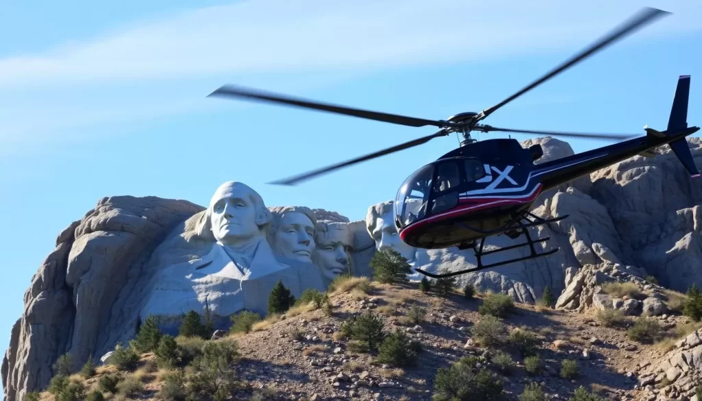 Image of a helicopter flying over Mount Rushmore