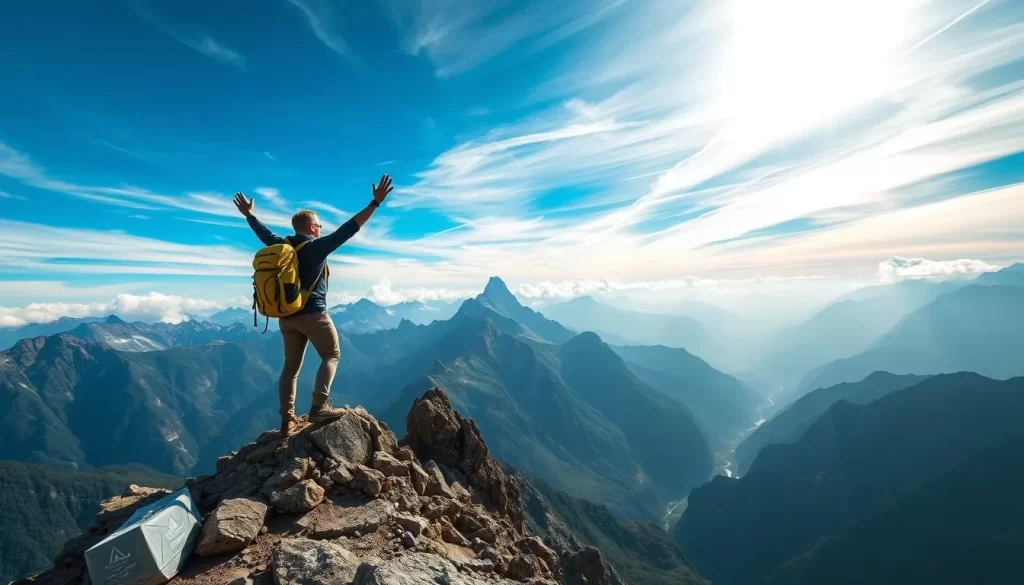 Image of a hiker at the summit of Dragon Crest with a stunning viewpoint