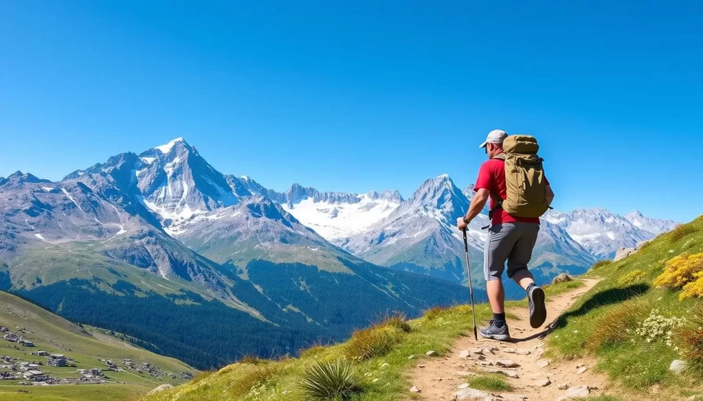 Image of a hiker on a mountain trail with the Hohe Tauern mountains in the background