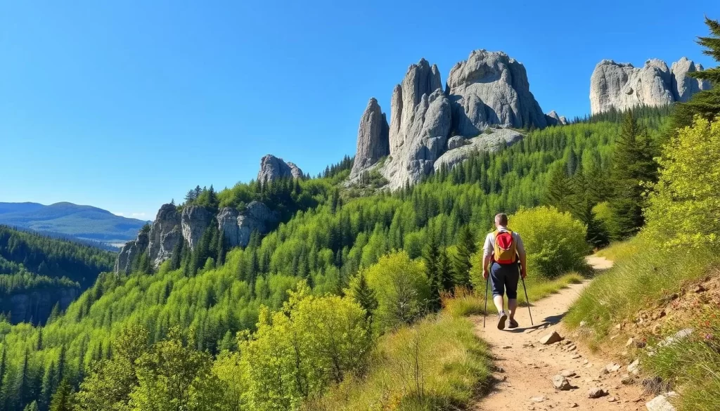 Image of a hiker on a trail in the Müllerthal region, surrounded by lush forests and limestone formations.