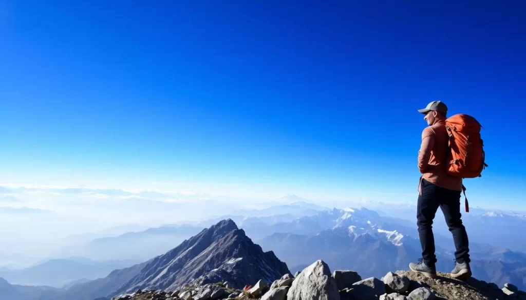 Image of a hiker reaching the summit of Shivapuri Peak with a panoramic view of the Himalayas