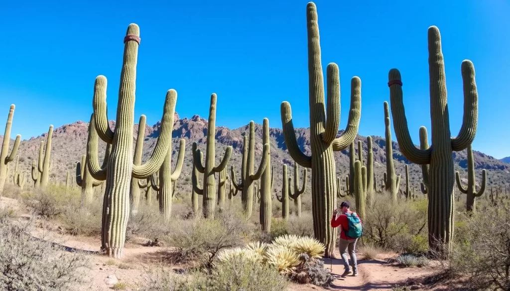 Image of a hiker walking through Saguaro National Park with saguaro cacti in the background