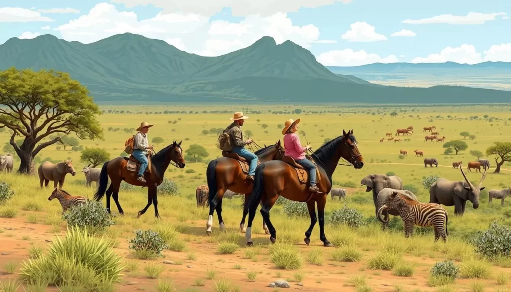 Image of a horseback safari in South Island National Park, Kenya, with riders surrounded by wildlife.
