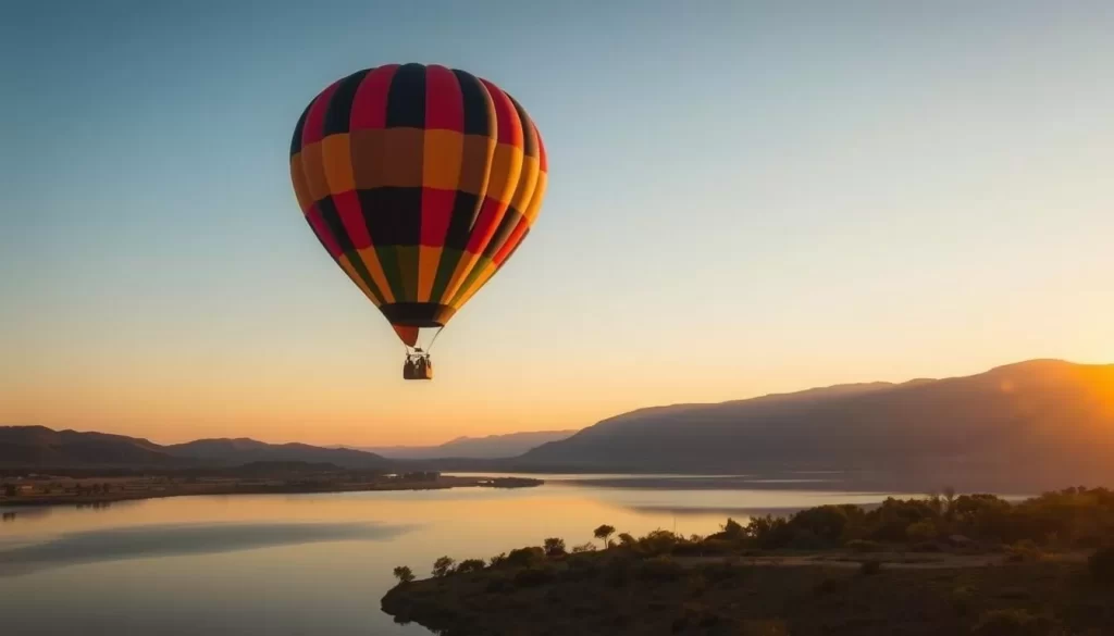 Image of a hot air balloon floating above Lake Elementaita at sunrise