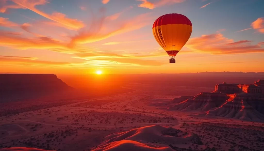 Image of a hot air balloon flying over the desert landscape near Mesa, Arizona.