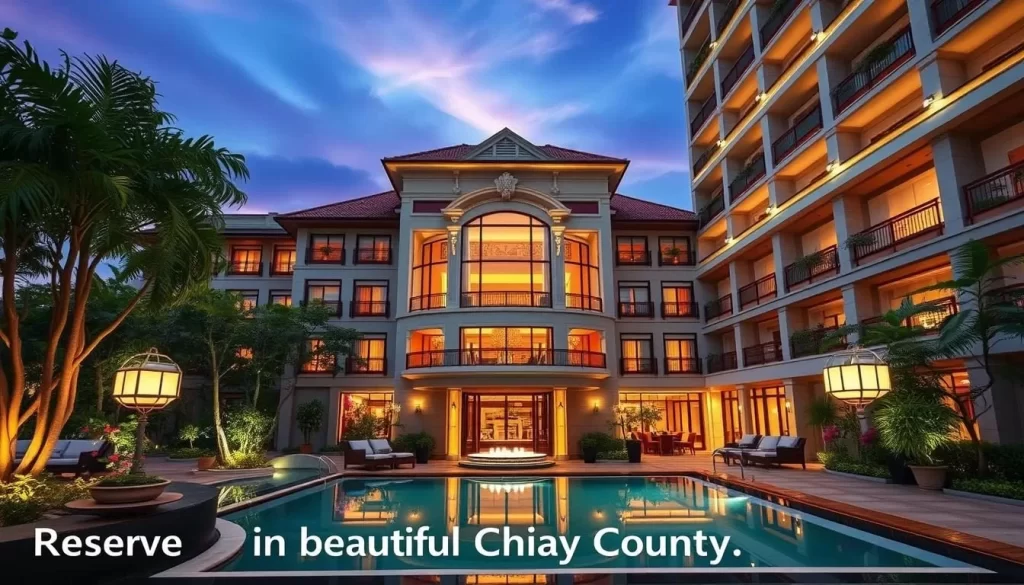 Image of a hotel in Chiayi County with a caption: "Book your stay in Chiayi County"