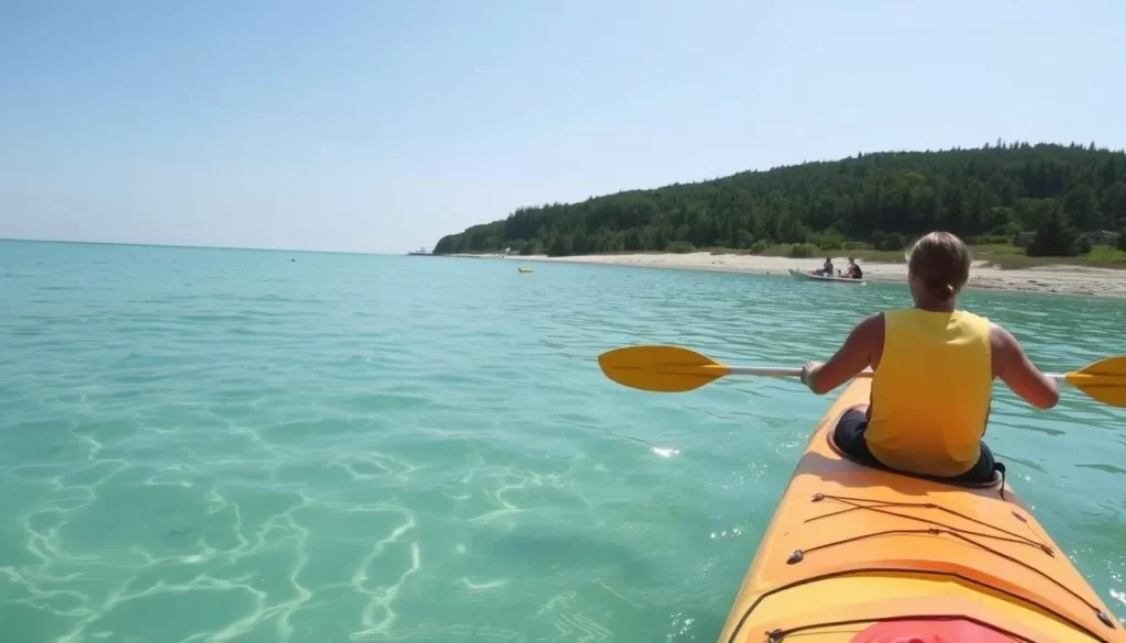Image of a kayaker paddling through the crystal-clear waters of Door County, with the stunning shoreline in the background.