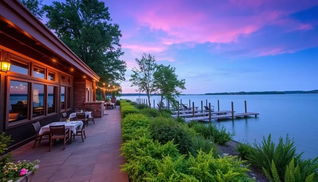 Image of a lakeside restaurant with a patio overlooking Lake Hubert