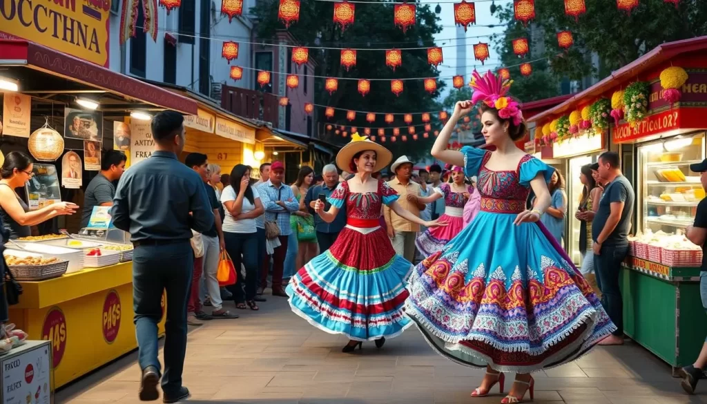 Image of a lively Hispanic festival with traditional dancers and food stalls