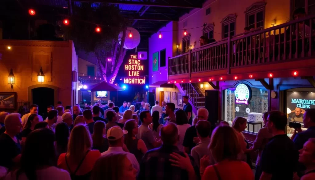 Image of a lively Tucson nightlife scene with people enjoying live music at a historic venue.