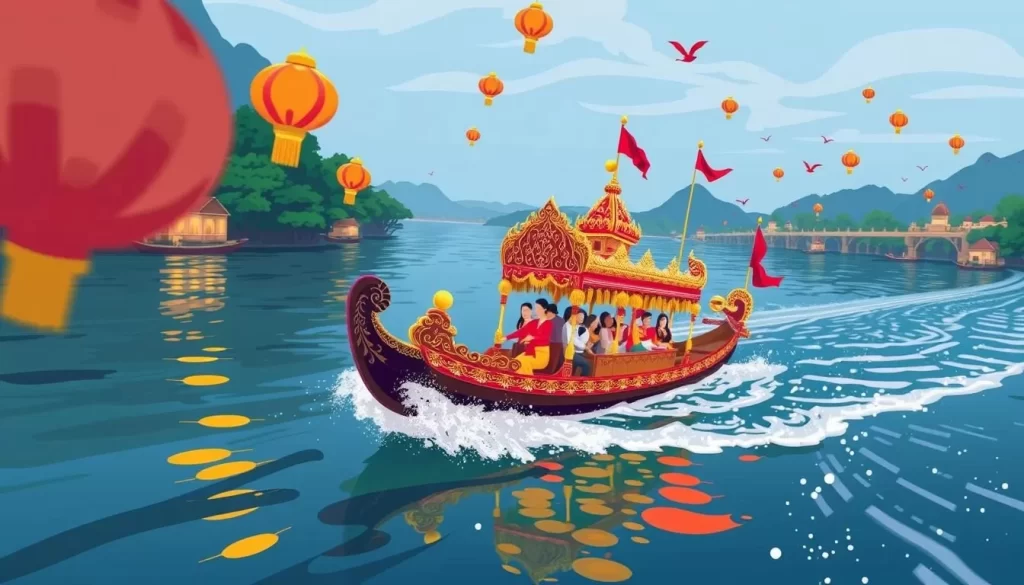 Image of a long, decorated boat racing on the Mekong River during Boun Suang Heua