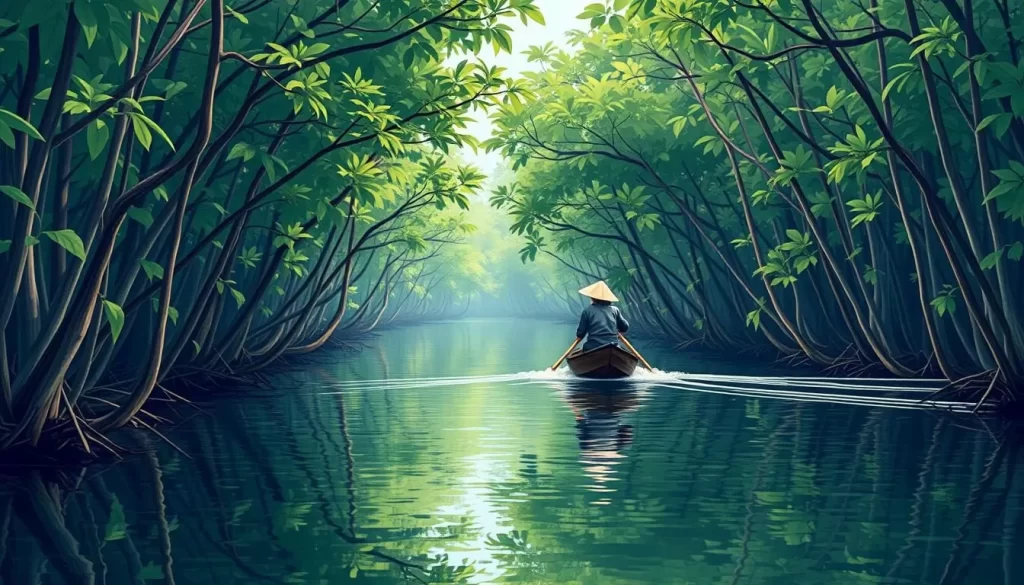 Image of a longtail boat navigating through mangrove forests
