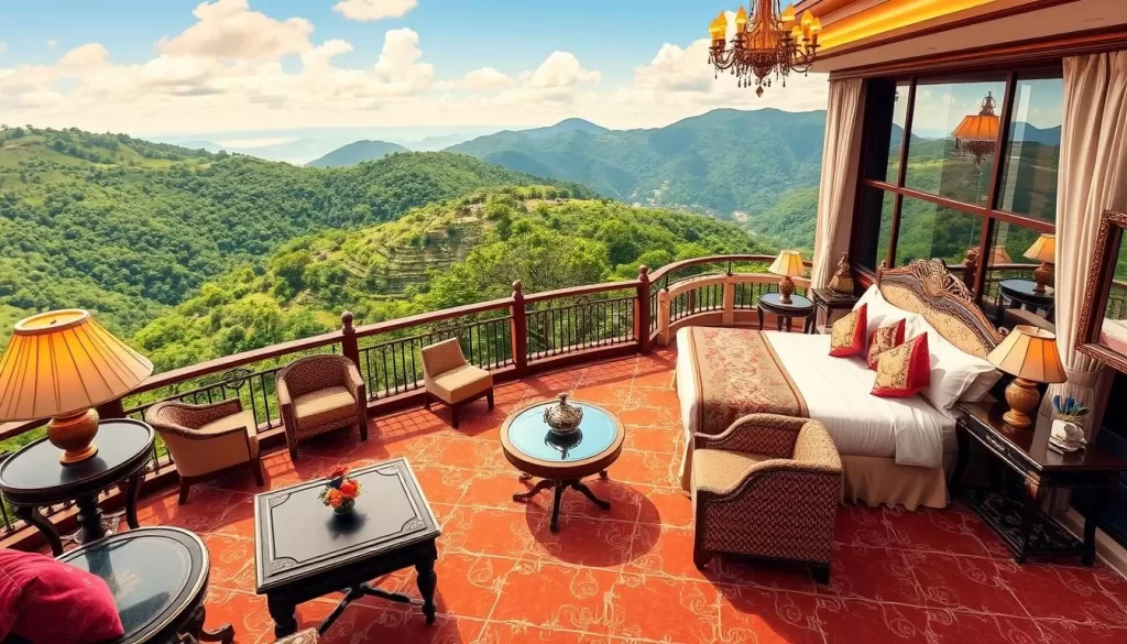 Image of a luxurious hotel in Mussoorie with elegant decor and beautiful surroundings