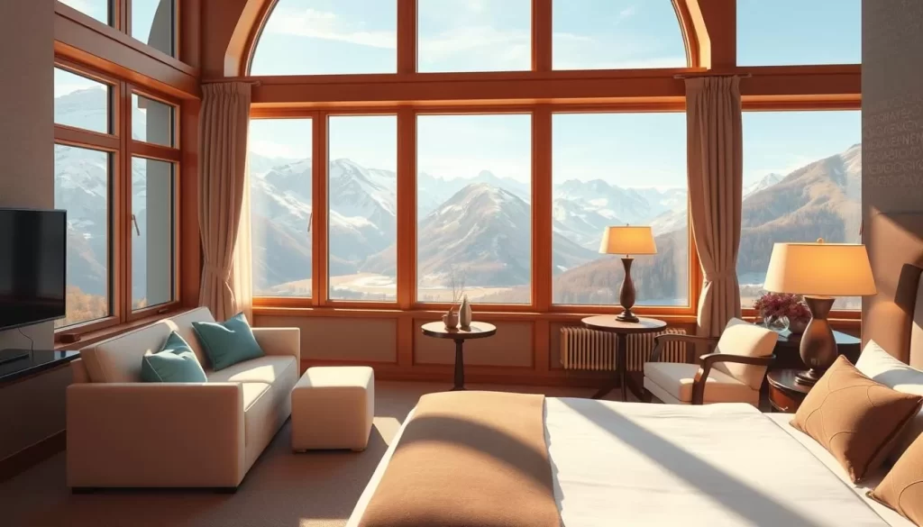 Image of a luxurious hotel room in Liechtenstein with Alpine views
