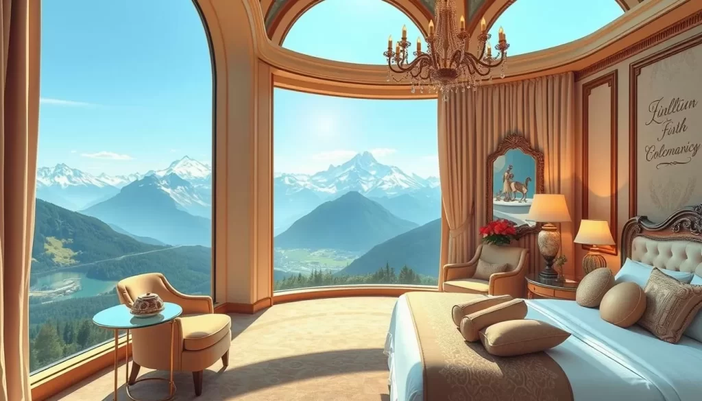 Image of a luxurious hotel room with an Alpine view