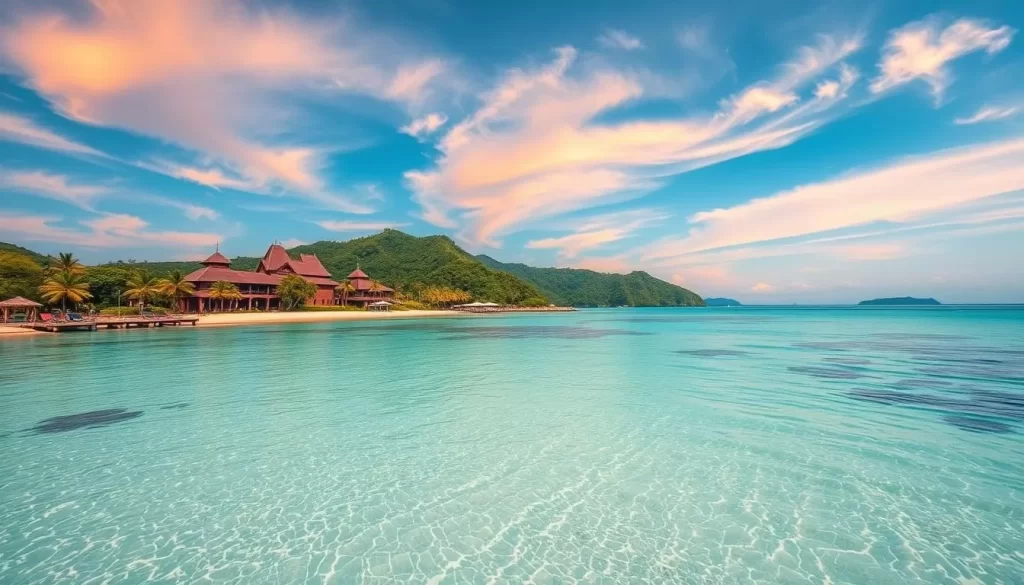 Image of a luxurious resort in Terengganu Islands with a beautiful beach and crystal-clear waters