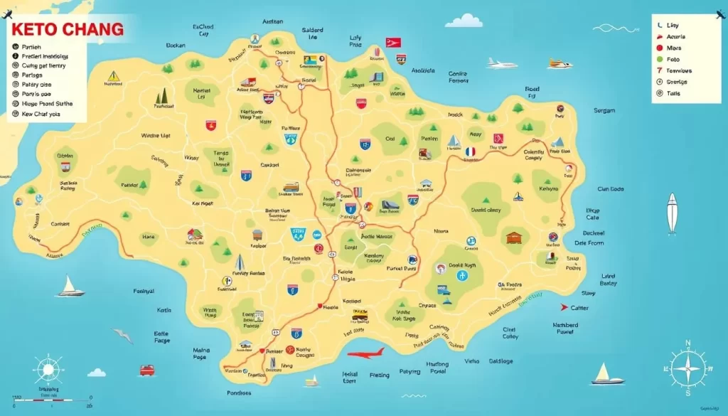 Image of a map of Ko Chang Island highlighting its main roads and transportation hubs.