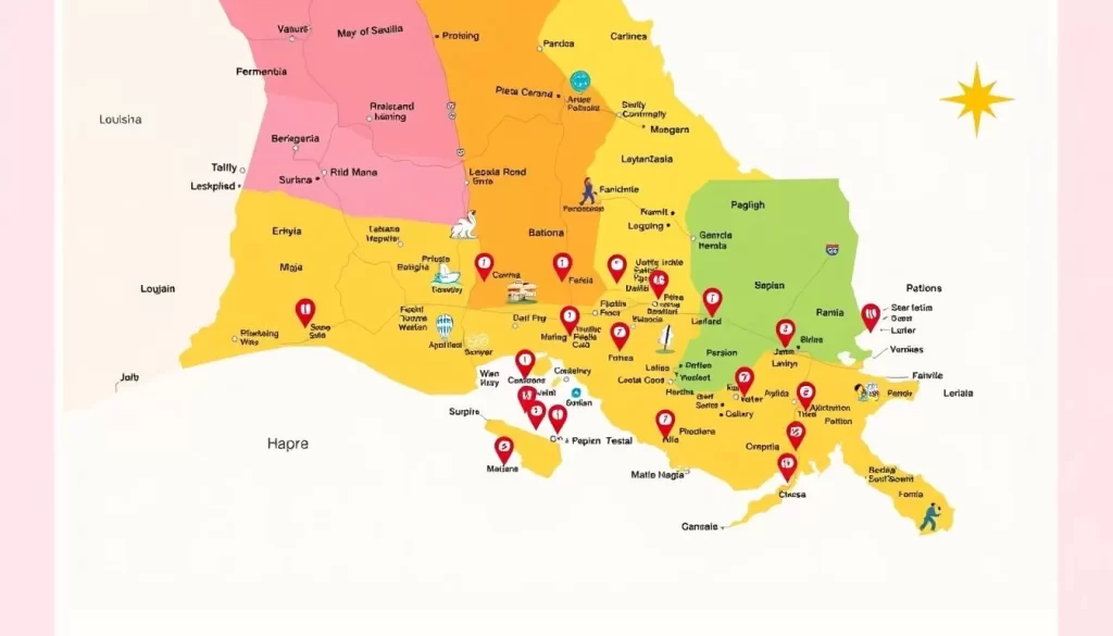 Image of a map of Louisiana with festival locations marked