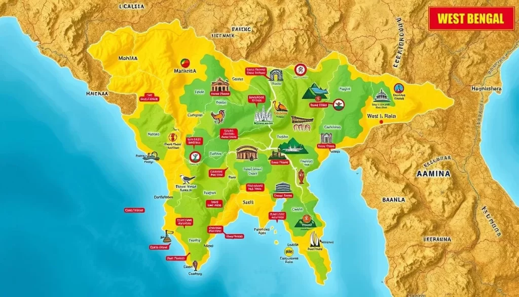 Image of a map of West Bengal highlighting popular destinations