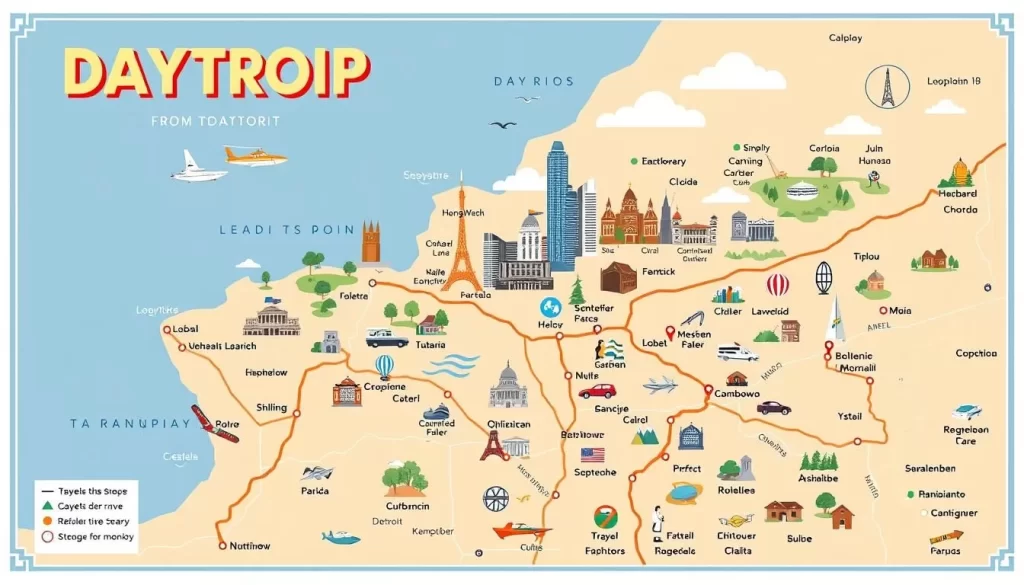 Image of a map showing day trip destinations from Detroit