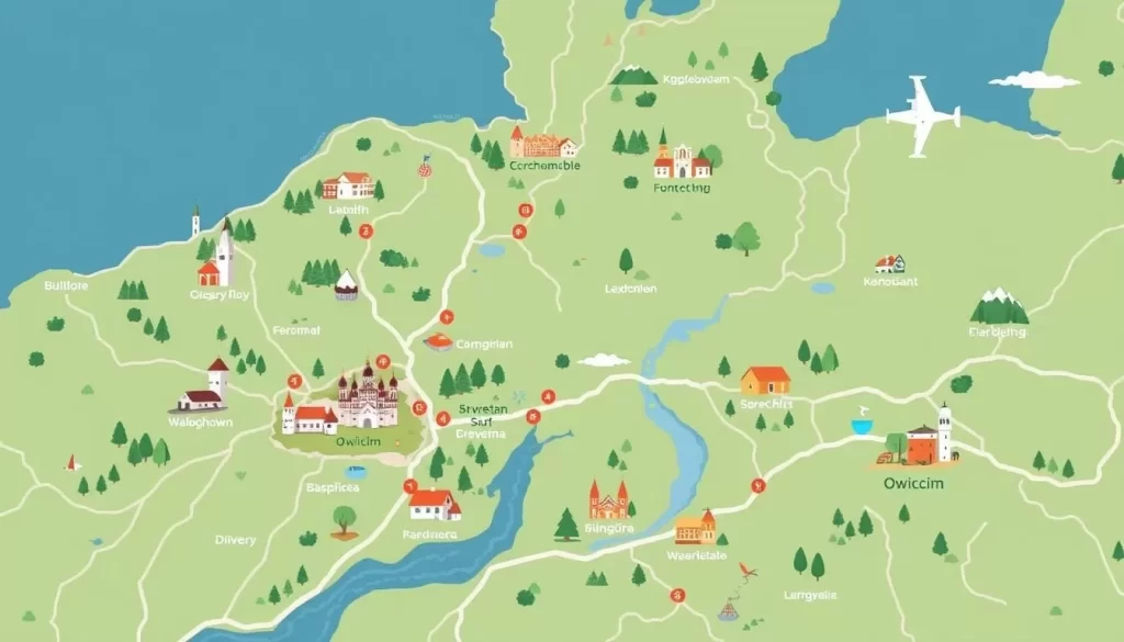 Image of a map showing day trip destinations from Oświęcim