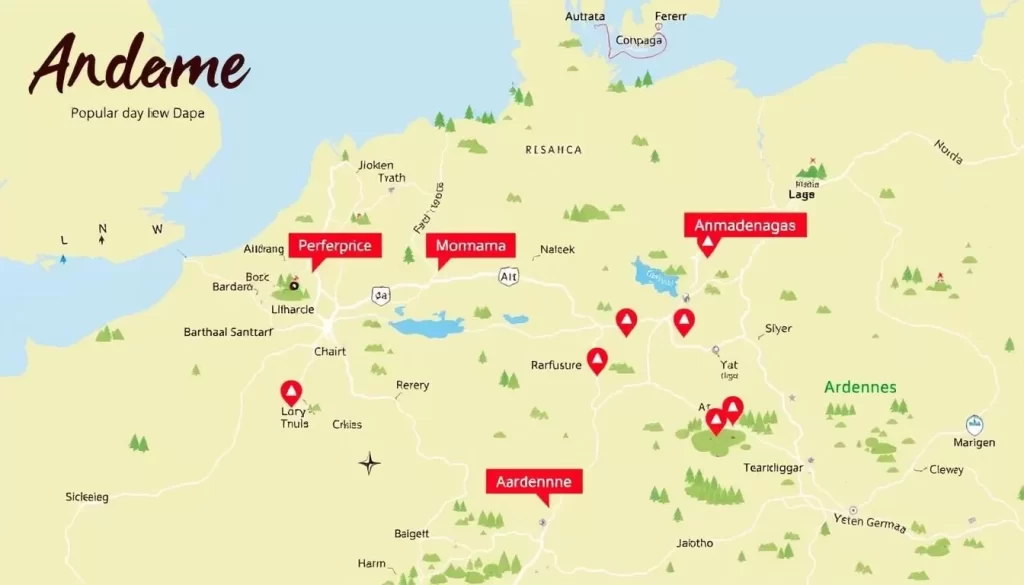 Image of a map showing day trip destinations from the Ardennes
