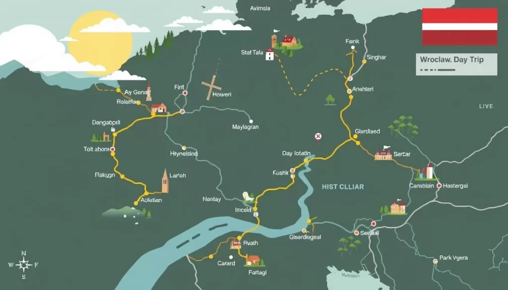 Image of a map showing day trip locations around Wrocław