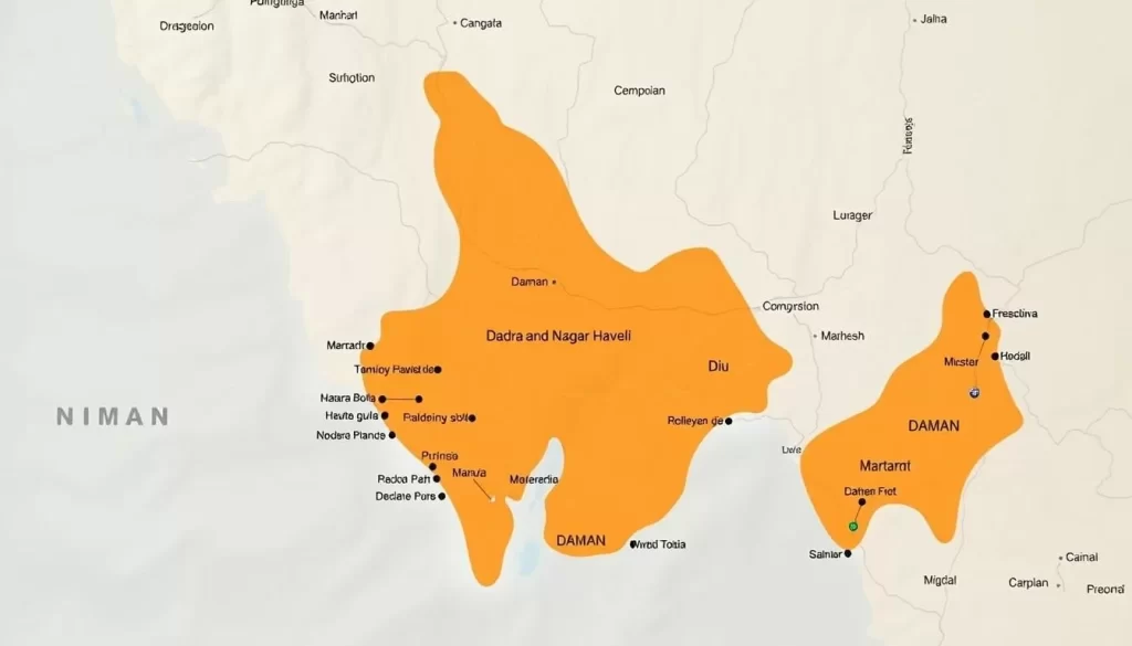 Image of a map showing the location of Daman, Dadra & Nagar Haveli, and Daman & Diu
