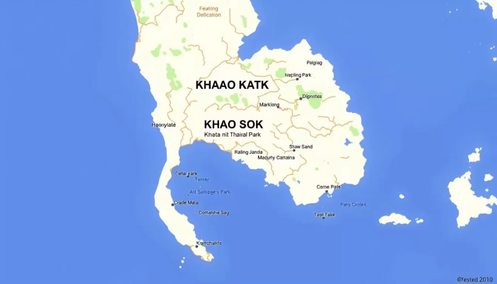 Image of a map showing the location of Khao Sok National Park and its proximity to major Thai cities and airports.
