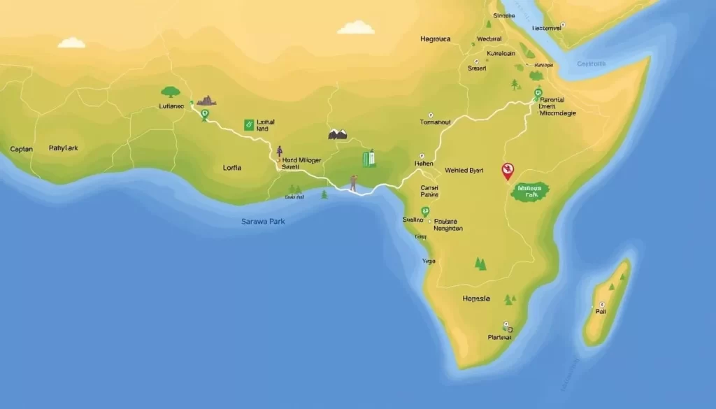 Image of a map showing the route from Lomé to Sarakawa Park