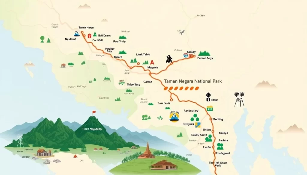 Image of a map showing the route to Taman Negara National Park