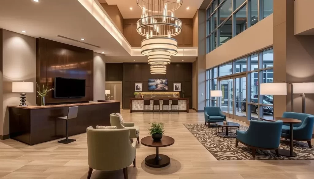 Image of a modern downtown Huntington hotel lobby