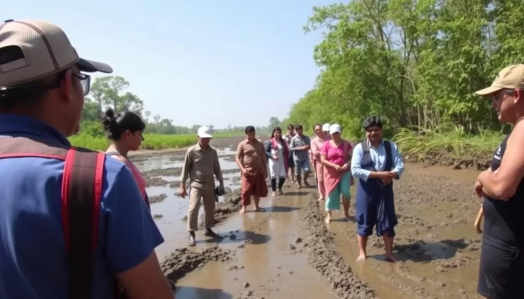 Image of a mud walk tour in Sundarbans National Park with guides and participants walking on mudflats.