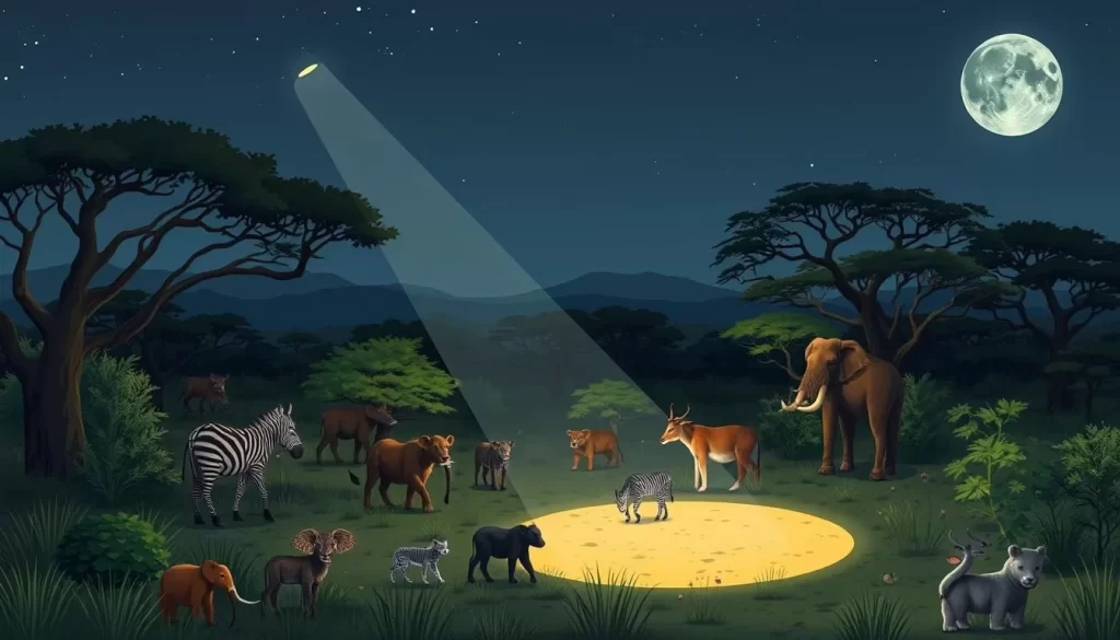Image of a night game drive in Mikumi National Park, Tanzania, with a spotlight shining on wildlife