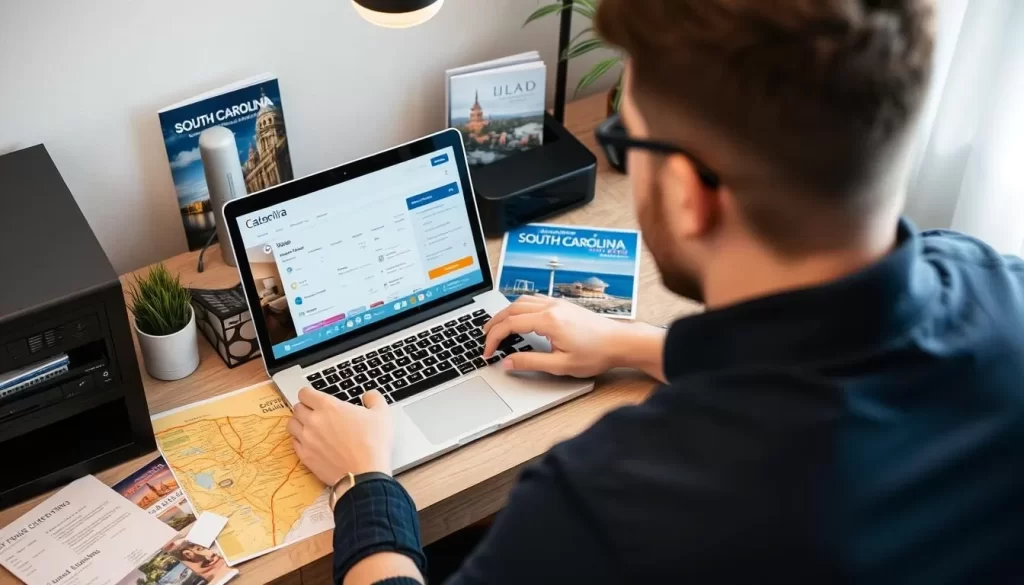 Image of a person booking a hotel room online with a laptop, surrounded by travel brochures and maps of South Carolina.